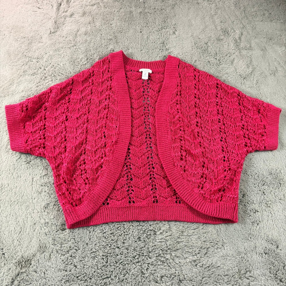 Chicos Pink Fuchsia Pointelle Crochet Open Front Cardigan‎ Shrug Size 2 Large